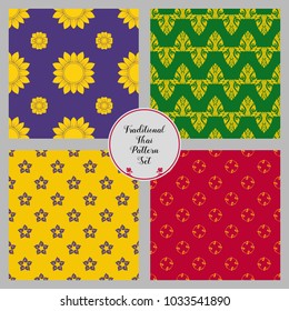 Set of seamless pattern with color decorative elements of traditional Thai ornament. Stock vector illustration. 