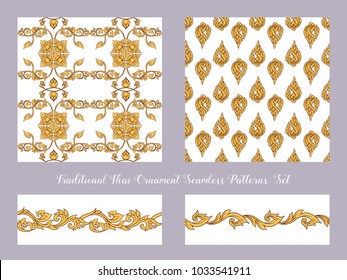 Set of seamless pattern with color decorative elements of traditional Thai ornament. Stock vector illustration. 