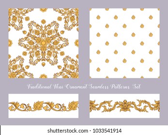Set of seamless pattern with color decorative elements of traditional Thai ornament. Stock vector illustration. 
