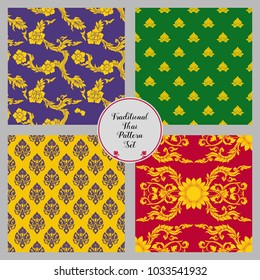 Set of seamless pattern with color decorative elements of traditional Thai ornament. Stock vector illustration. 
