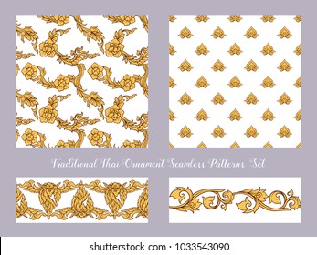 Set of seamless pattern with color decorative elements of traditional Thai ornament. Stock vector illustration. 