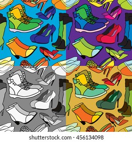 set of seamless pattern of colored women's shoes vector illustration