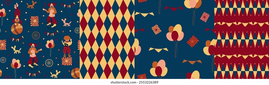  Set of seamless pattern. Colorful circus background, funny clowns, jugglers, acrobats, cheerful carnival with balloons and confetti, hand drawn