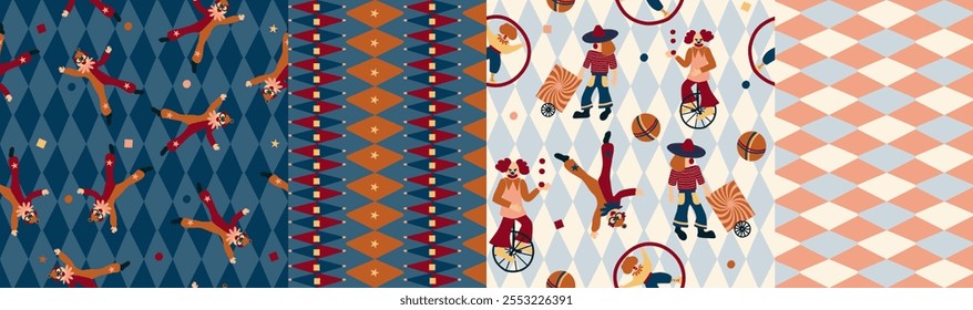  Conjunto de padrões contínuos. Fundo de circo colorido, palhaços engraçados, malabaristas, acrobatas, carnaval alegre com balões e confetes, desenhados à mão