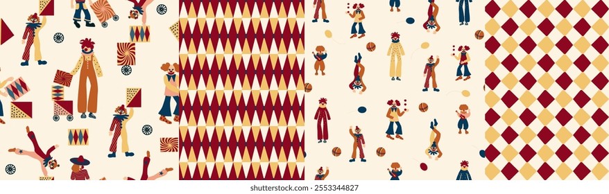  Set of seamless pattern. Colorful circus background, funny clowns, jugglers, acrobats, cheerful carnival with balloons and confetti, hand drawn