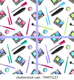 Set of seamless pattern with colorful decorative cosmetic for eye, eyelash, eyelid isolated on white background for woman. Flat style. Beauty fashion products. Top view. Items for makeup artist.