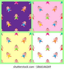 Set of seamless pattern with colorful dolls in flat design. Toy for child. Game for girl.