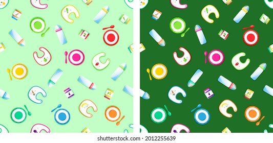 Set of seamless pattern with colorful items for feeding baby in flat design. Glass jar with puree, milk bottle and infant formula for kid, plate, spoon, bright apron.