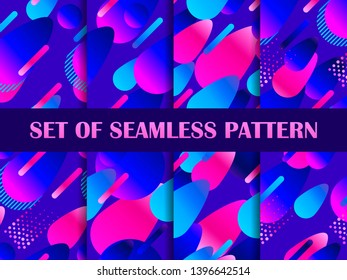 Set of seamless pattern with colorful liquid shapes. Geometric elements with gradient. Vector illustration