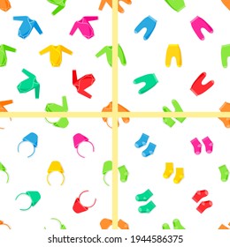 Set of seamless pattern with colorful vector clothes for baby in flat design. 