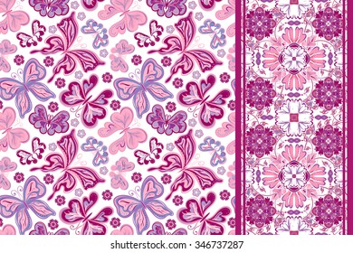 Set of seamless pattern with colorful vintage butterflies and flowers and ornate border (band ribbon) . Hand draw vector background.