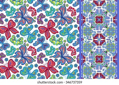 Set of seamless pattern with colorful vintage butterflies and flowers and ornate border (band ribbon) . Hand draw vector background.