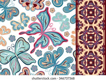 Set of seamless pattern with colorful vintage butterflies and flowers and ornate border (band ribbon) . Hand draw vector background.