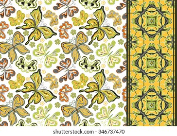 Set of seamless pattern with colorful vintage butterflies and flowers and ornate border (band ribbon) . Hand draw vector background.