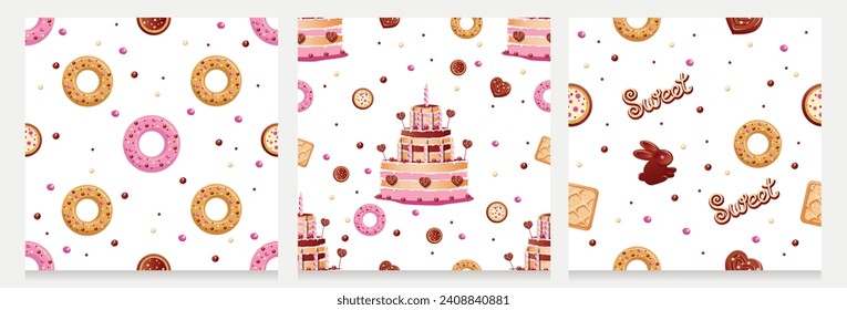 Conjunto de productos de confitería sin fisuras. Un entorno delicioso y dulce. Tierra de caramelos. Chocolate y bollería. Fondo vectorial al estilo de las caricaturas.