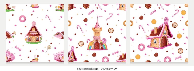 Set of seamless pattern of confectionery products. Delicious and sweet background. Candy land. Chocolate and pastries. Vector background in cartoon style.