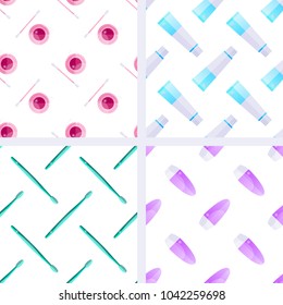 Set of seamless pattern with cosmetic products for body care and oral cavity. Colorful Hygiene items in pastel color. Flat style