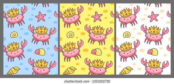 Set of seamless pattern with crabs in the crowns. Print for textile, fabric, posters, decor, paper, wallpaper. Vector illustration for kids, children, babies. 