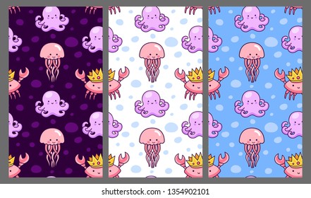 Set of seamless pattern with crabs, octopus, jellyfish. Print for textile, fabric, posters, decor, paper, wallpaper. Vector illustration for kids, children, babies. 