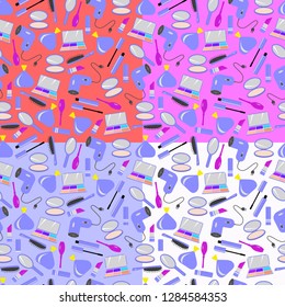 Set of seamless pattern of create makeup and hairstyle. Icons of lipstick, mascara, comb, hair dryer, perfume, nail Polish, mirror, powder, eye shadow. Vector image
