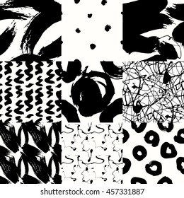 Set of seamless pattern with creative texture. Vector illustration of paint strokes, spray on white background. Black and white.