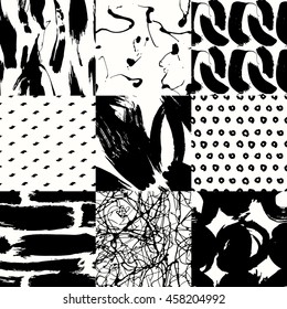 Set of seamless pattern with creative texture. Vector illustration of paint strokes, spray on white background. Black and white.