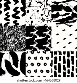 Set of seamless pattern with creative texture. Vector illustration of paint strokes, spray on white background. Black and white.