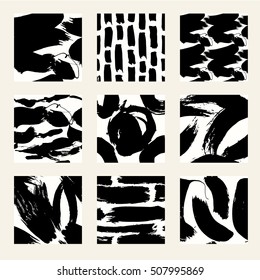 Set of seamless pattern with creative texture. Vector illustration of paint strokes, spray on white background. Black and white.