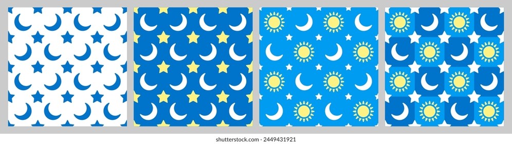 Set of seamless pattern with crescent, stars and sun. Simple geometric ornaments for wallpaper, background, textile etc. Vector illustration