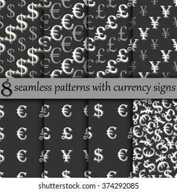 Set of seamless pattern with currency signs, dollar pound euro yuan, money signs background, vector