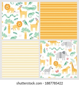 Set of seamless pattern with cute african zoo animals. Flat and simple design style for baby, children wallpaper, background, fabric illustration.