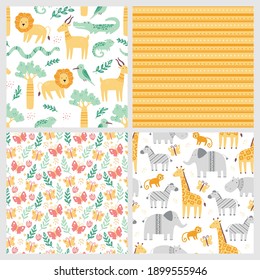 Set of seamless pattern with cute african zoo animals. Flat and simple design style for baby, children wallpaper, background, fabric illustration.
