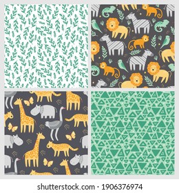 Set of seamless pattern with cute african zoo animals. Flat and simple design style for baby, children wallpaper, background, fabric illustration.