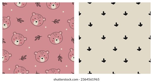 Set of seamless pattern with cute bear and leaf. Cartoon animal background. Design for print, fabric, textile, wallpaper, wrapping. Vector illustration