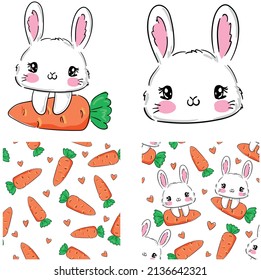 Set Seamless pattern Cute Bunny and carrots, print design rabbit background, children textile design Vector