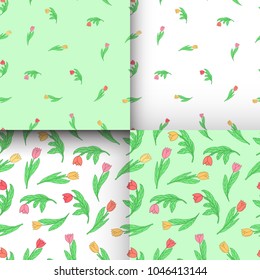 Set of seamless pattern with cute cartoon colored flowers, tulips on white and green background. Good for pattern fills, surface design, textile, fabric, manufacturing, wrapping paper, backdrops, 