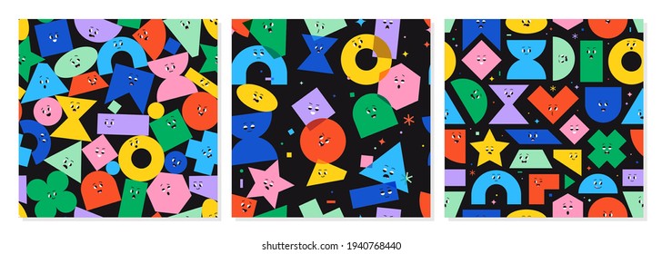 Set of seamless pattern with cute cartoon geometric figures with different face emotions. Colorful funny characters, trendy vector illustration, various basic figures. Poster for kids.