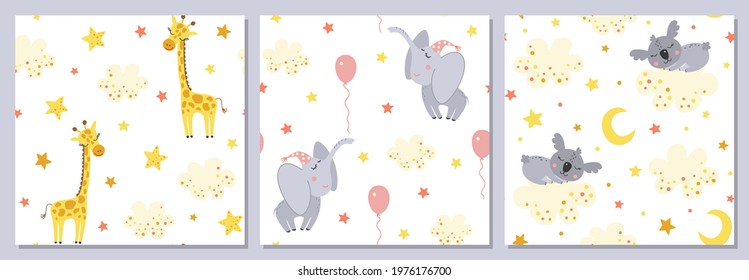 Set of seamless pattern with cute cartoon animals in pastel color. Cute giraffe, baby elephant, koala, balloons, stars, clouds. Baby textile.