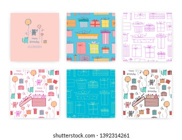 Set of seamless pattern with cute cat and gift box. Background Illustrations for gift wrap design.