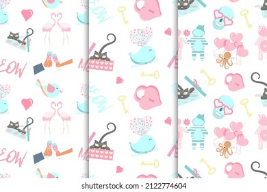Set of Seamless pattern with cute cat, heart, hippo, octopus and skull. Symbols of love, wedding and Valentines day Flat Art Vector illustration