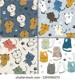 set of seamless pattern with cute cats. childish vector illustration for textile,fabric,nursery,baby shower