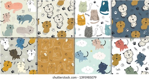 conjunto de patrones sin fisuras con gatos lindos. ilustración infantil vectorial para textiles, tejidos,viveros,ducha infantil