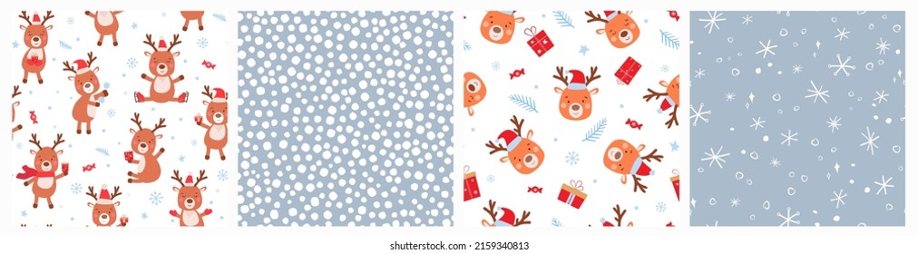 A set of seamless pattern of cute Christmas reindeer with gifts, sweets, snowflakes in Santa hats. New Year's animals. Vector graphics.