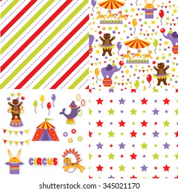 Set seamless pattern with cute circus animals. vector illustration