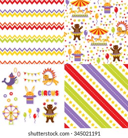 Set seamless pattern with cute circus animals. vector illustration