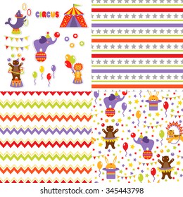 Set seamless pattern with cute circus animals. vector illustration