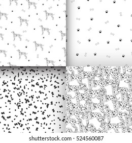 Set of seamless pattern with cute dog. Breed Dalmatian. Can be used for wallpaper, pattern fills, greeting cards, webpage backgrounds, wrapping paper and textile or fabric. Vector illustration.
