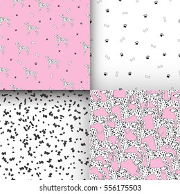 Set of seamless pattern with cute dog. Breed dalmatian. Can be used for wallpaper, pattern fills, greeting cards, webpage backgrounds, wrapping paper and textile or fabric. Vector illustration.