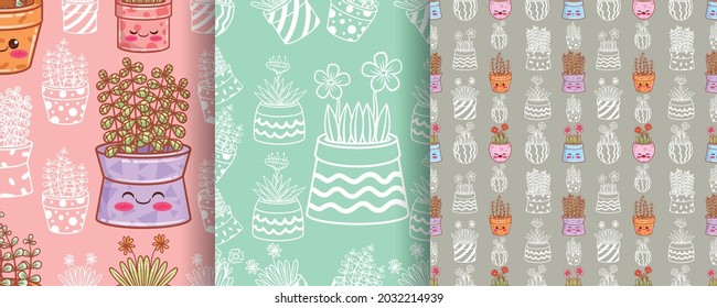 set of seamless pattern cute flowers with pots decorated