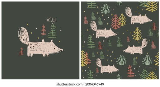 Set with Seamless  pattern with cute, fox on forest background. Can be used  for textile, wallpaper or print design.